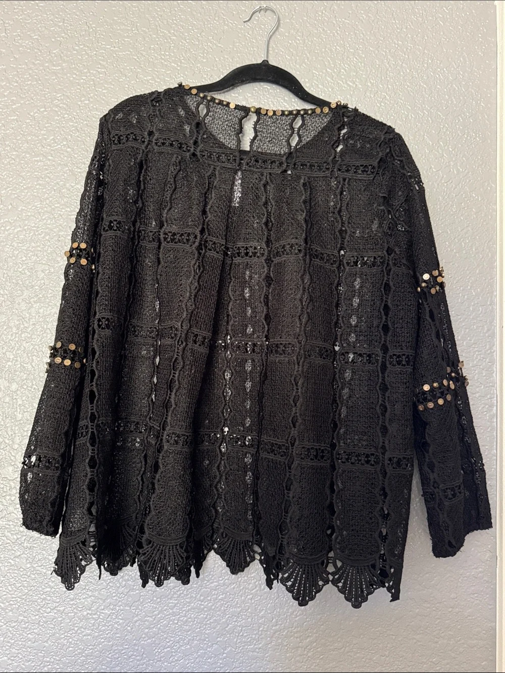 Maeve Anthropologie Black AURALIS Gold Stud Crochet Blouse LARGE